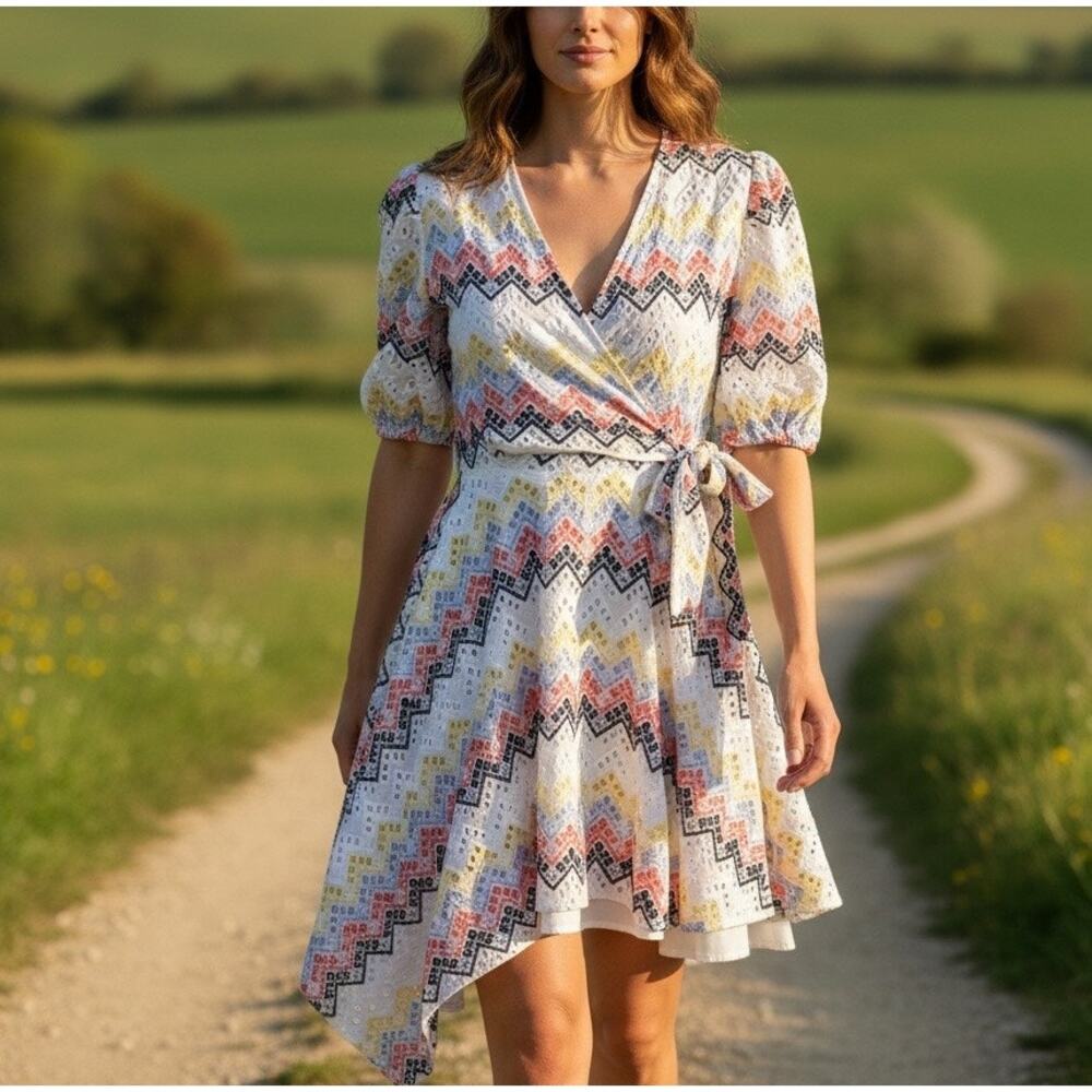 N12H White Eyelet Mini Wrap Dress SMALL Fit & Flare Cotton Zigzag Cottage $260